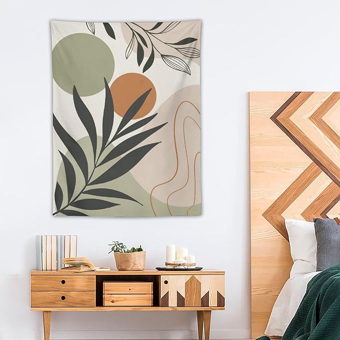 Abstract Bohemian Mid Century Tapestry, Tropical Leaves Modern Geometric Archway Minimalist Bohemian Botanical Aesthetic Wall Hanging, Sage Green Gold Home Decor Art for Bedroom 50x60 Inch