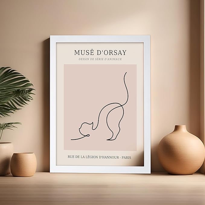 Poster Master Vintage Poster - Retro One Line Cat Drawing Print - Cat Art - Minimal Gift for Men, Women, Animal Lover - Abstract Wall Decor for Home, Office, Bedroom, 16x20 White Framed