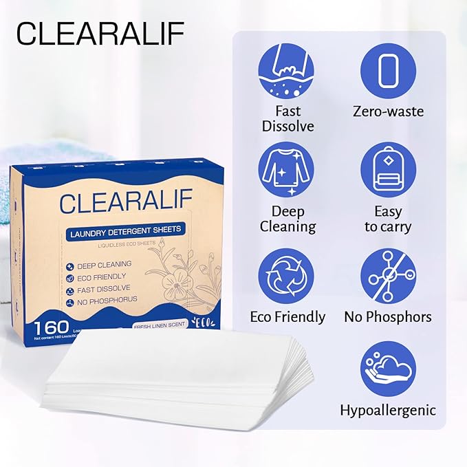 CLEARALIF Laundry Detergent Sheets Up to 160 Loads, Fresh Linen - Great For Travel,Apartments, Dorms,Laundry Detergent Strips Eco Friendly & Hypoallergenic