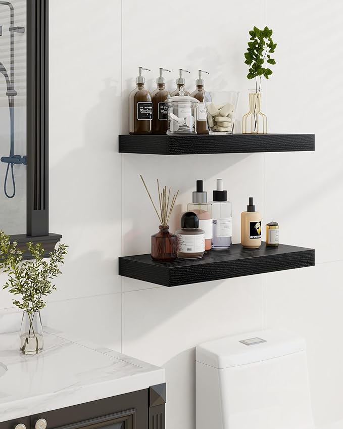 Marsmiles 72" Floating Shelves for Wall, Wooden Shelves with Invisible Brackets Set of 2, Rustic Farmhouse Wall Mounted Shelf for Kitchen Bathroom Living Room Study, Black