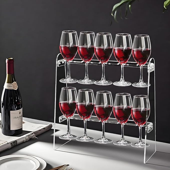 Tosnail 2-Tier Champagne Flute Glass Holder Stand, 10 Slots Champagne Flute Tabletop Stemware Hanging Display Rack for Party, Fits Up to 9 Inch Glasses
