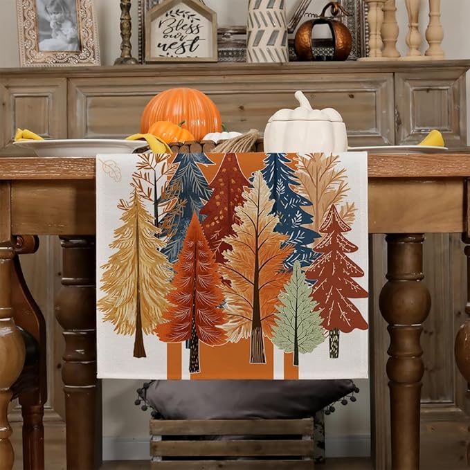 GEEORY Fall Watercolor Trees & Maple Leaves Striped Table Runner 13x72 Inch, Rustic Farmhouse Autumn Thanksgiving Decor for Kitchen, Dining, Indoor/Outdoor Holiday Dinner Party Orange GT157-72