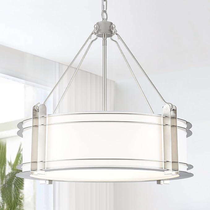 20.4''Drum Chandelier,5-Light Brushed Nickel Modern White Fabric Chandeliers,Farmhouse Round Pendant Light Fixture for Dining Room Kitchen Island Living Room Bedroom Hallway