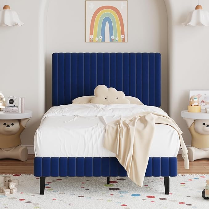 Twin Bed Frame, Velvet Upholstered Platform Bed with Vertical Channel Tufted Headboard and Footboard, No Box Spring Required, Easy Assembly, Blue