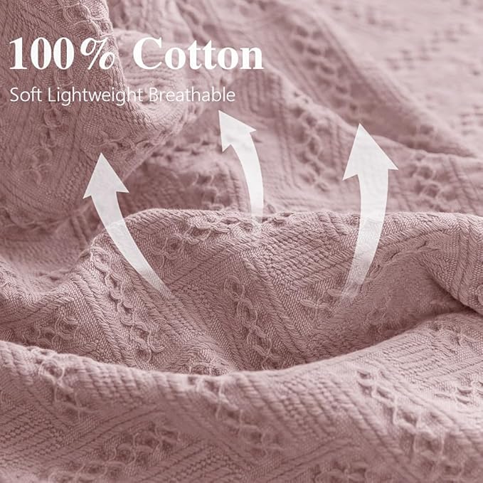 Simple&Opulence 100% Cotton Throw Blanket for Bed, Couch, Boho Luxury Geometric Knit Woven Blanket with Tassels Soft Lightweight Cozy Breathable, Vintage Farmhouse Decoration for All-Season(Pink)