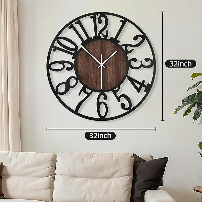 Maxstar Large Round Wall Clock for Living Room Decor Battery Operated Non Ticking Black Metal Wood Clocks for Home Living Room Garden Farmhouse Office Kitchen Decoration -32 inch