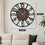 Maxstar Large Round Wall Clock for Living Room Decor Battery Operated Non Ticking Black Metal Wood Clocks for Home Living Room Garden Farmhouse Office Kitchen Decoration -32 inch