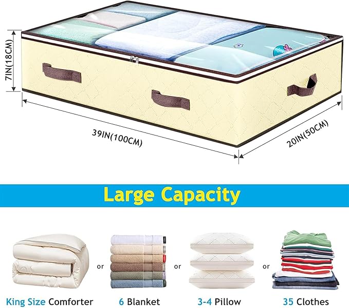 90L Under Bed Storage Containers, Underbed Toy Organizers and Clothing Storage Bags, Closet Storage Bins with Clear Window for Organizing Blanket Comforter Bedding Clothes Bedroom Dorm, 2 Pack Beige