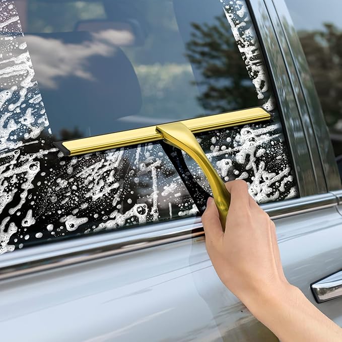 All-Purpose Stainless Steel Shower Squeegee for Shower Doors with 2 Adhesive Hooks, Bathroom Cleaner Tool Household Window Mirror Squeegee for Home Cleaning, Glass Door, Tile Wall, Car, 12 Inch Golden