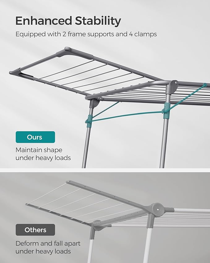 SONGMICS Clothes Drying Rack Foldable, Gullwing Laundry Drying Rack, Space-Saving, 22.2 x 68.1 x 38 Inches, Sock Clips, Metal Structure, for Clothes, Towels, Linens, Indoor, Outdoor Gray ULLR518G01