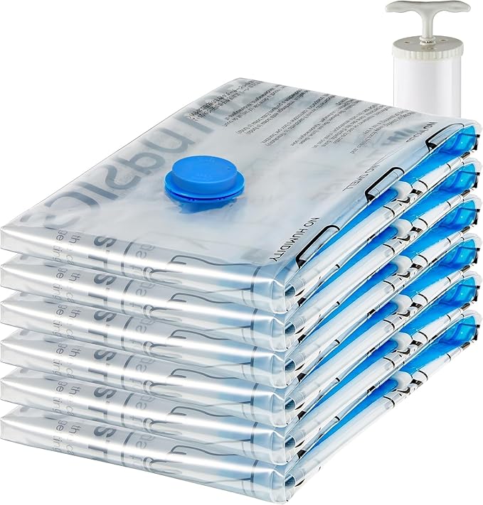 Amazon Basics Vacuum Compression Space Saving Storage Bags with Hand Pump for Clothes Packing, Jumbo, Clear, Pack of 6