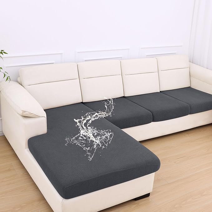 hyha Waterproof Couch Cushion Covers for Pets, Non Slip Sofa Seat Cover for Dogs Washable, Soft Thick Stretch Jacquard Fabric, Sofa Slipcovers with Elastic Bottom (1 Chaise+3 Seater, Grey)
