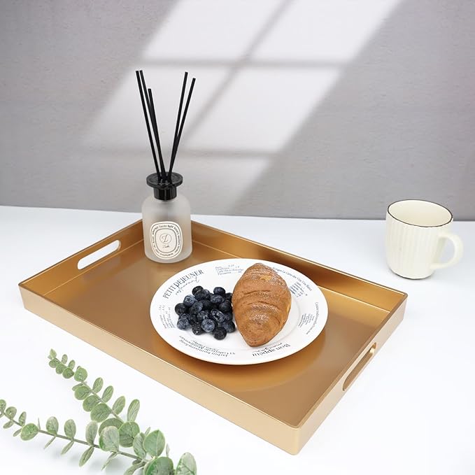 Spsyrine Gold Decorative Serving Tray with Handles, Elegant Plastic Coffee Table Tray for Ottoman, Living Room, Home Decor 15.6" X 10.2"