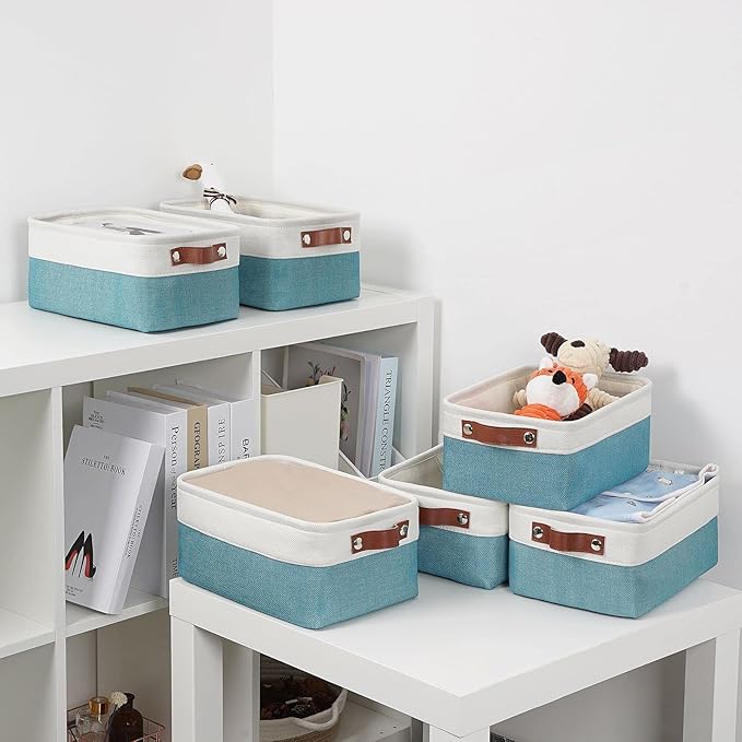 DULLEMELO Storage Baskets Bins for Organizing, Small Fabric Baskets for Shelves, Closets, Nursery, Home, Office, Empty Gift Baskets (6-Pack, White&Teal)