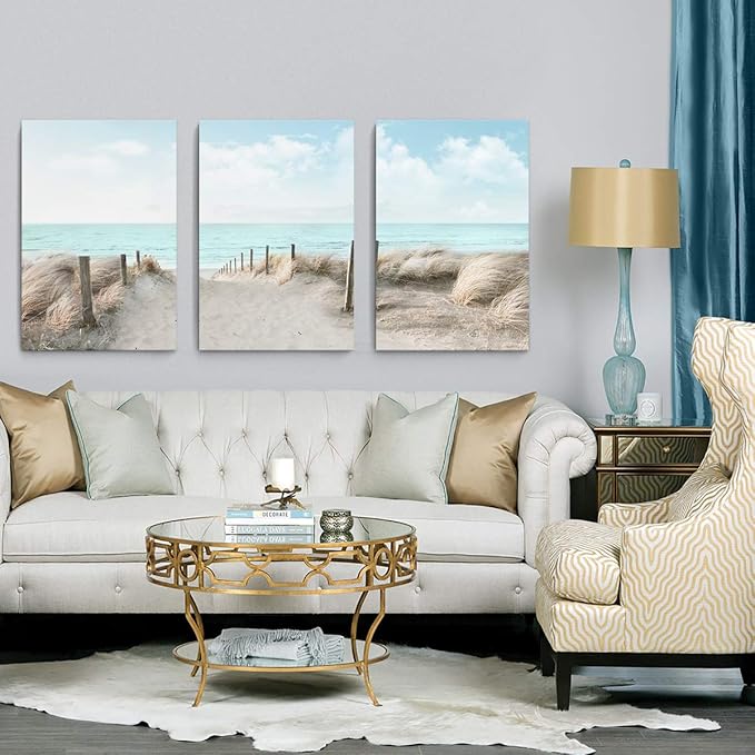 3 Piece Large Canvas Bedroom Wall Art Beach Blue Sea Blue Sky Print Picture Framed Wall Decor for Living Room Bathroom Modern Home Decor Artwork Ready to Hang Coastal Wall Decorations Size 16x24x3