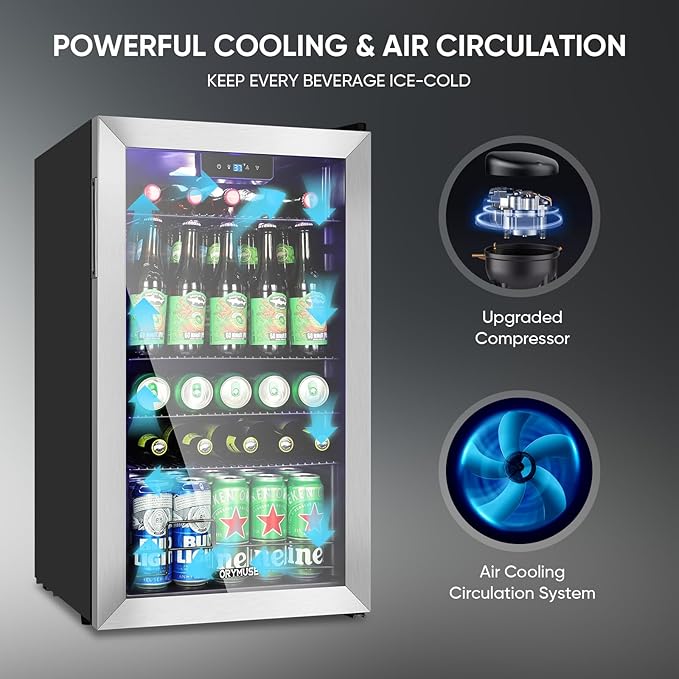 120 Can Beverage Refrigerator – Mini Fridge with Glass Door for Soda Beer or Wine, Beverage Cooler for Bedroom, Office, Bar with Adjustable Shelves & Digital Temperature Display, Silver