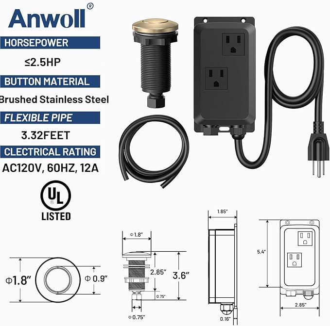 Garbage Disposal Air Switch Kit -Professional- Dual Outlet, Sink Top Waste Disposer On/Off, Garbage Disposal Button, UL Listed