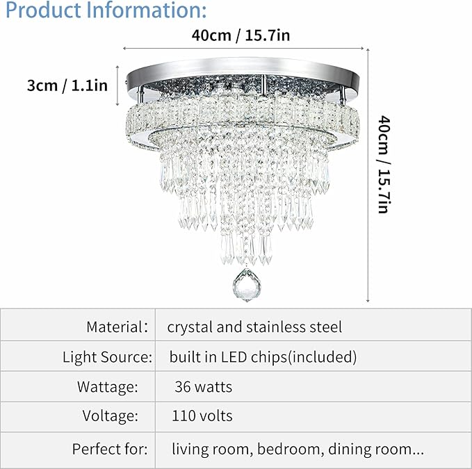 16“ Crystal Chandeliers Round Modern LED Chandelier Light Flush Mount Ceiling Light Fixtures with Remote Control for Bedroom Living Room Dining Room (dimmable)
