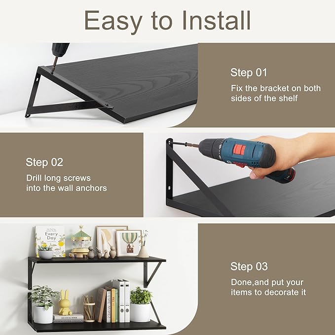 12 Inch Deep Floating Shelves, Black Floating Shelves 48W x 12D, Deep Wall Shelves Bracket Set of 2, Large Display Hanging Floating Shelf for Bathroom, Living Room, Wide Storage Wooden Wall Shelf