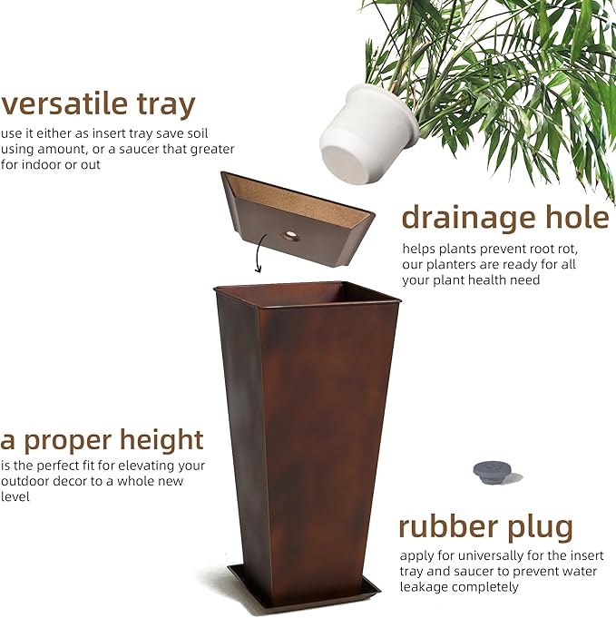KOL 25''H. Tall Galvanized Steel Planter with Saucer, Set of 2, Planter Pots with Drainage Hole for Indoor & Outdoor Use, Decorative Flower Plant Pots for Front Porch, Patio, Deck - Rust Color