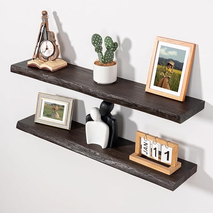Axeman 32 inch Floating Shelves for Wall - 8'' D Live Edge Rustic Solid Elm Wood Floating Shelves Wall Mounted, Wall Shelves with Invisible Bracket for Living Room Bedroom Kitchen, Set of 2 Walnut
