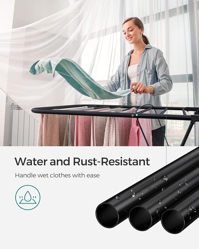 SONGMICS Clothes Drying Rack, Foldable 2-Level Laundry Drying Rack, Free-Standing Laundry Airer, with Height-Adjustable Wings, 33 Drying Rails, Sock Clips, Black ULLR053B01V1