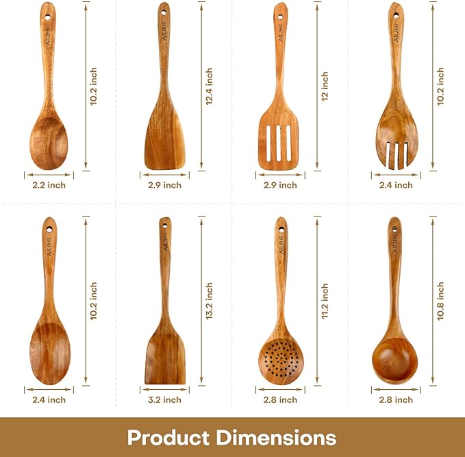 AIUHI Wood Spoons for Cooking, Nonstick Kitchen Utensil Set, Wooden Spoons Cooking Utensil Set Non Scratch Natural Teak Wooden Utensils for Cooking (Teak 8 Pack)