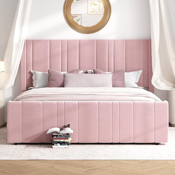 HOMBCK King Size Bed Frame and Headboard, Upholstered Bed with Vertical Channel Tufted Headboard & Footboard, Wooden Slats/Noise Free/No Box Spring Needed/Easy Assembly, Pink