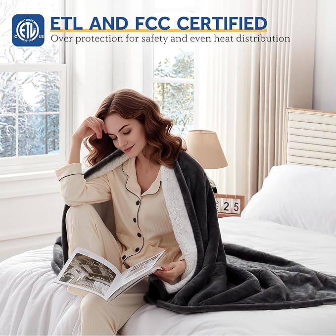 Sealy Electric Blanket Full Size 80"*84",Super Cozy Flannel to Sherpa Reversible Heated Blanket Full Size with 10 Heating Levels & 1-12 Hours Auto Off Overheating Protection Machine Washable, Charcoal