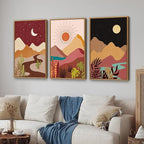 SIGNINART Boho Desert Framed Canvas Wall Art Set of 3, Colorful Sun and Moon Art Prints, Bohemian Modern Cactus Art Paintings, Southwestern Landscape Wall Decor for Living Room, Bedroom, Office 16"x24"