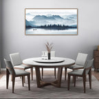Indigo Framed Canvas Wall Art Misty Mountain Wall Pictures Foggy Lake Boat Canvas Painting Prints Forest Birds Canvas Wall Decor for Living Room Bedroom Decorations Natural Framed 24" x 48"