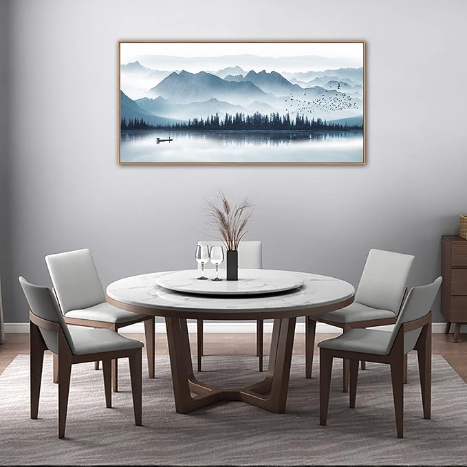 Indigo Framed Canvas Wall Art Misty Mountain Wall Pictures Foggy Lake Boat Canvas Painting Prints Forest Birds Canvas Wall Decor for Living Room Bedroom Decorations Natural Framed 24" x 48"