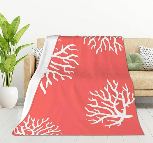 HGOD DESIGNS Beach Coral Fleece Throw Blanket Soft Cozy Coral Fuzzy Blanket Caring for Women & Adults Ocean Coral Pink Branch Reef Nature Red White Plush Microfiber Blanket 50"x60"