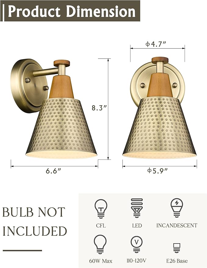 FEMILA Bathroom Light Fixtures 2 Pack, Antique Brass Vanity Light with Hammered Metal Shade, 2-Lights Bath Wall Mounted Lights Wall Lamp for Mirror Kitchen Bedroom, 4FG59B-2 BG