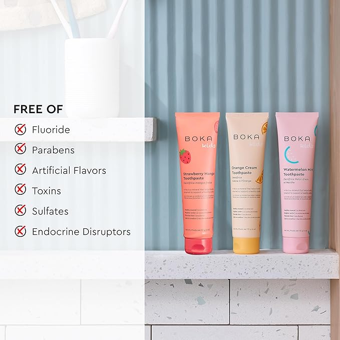 Boka Fluoride Free Toothpaste Nano Hydroxyapatite Toothpaste - Orange Cream, Watermelon Mint, Strawberry Mango Flavor, 4 oz 3Pk US Manufactured