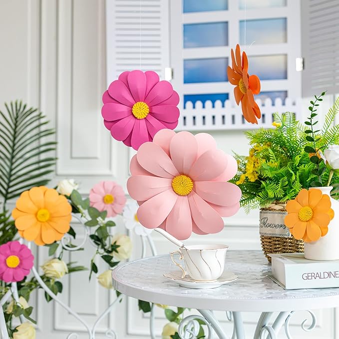 Paper Flowers Decorations for Wall, 3D Handmade Artificial Flowers for Wall Decorations, Pink Orange White, for Baby Girl Nursery Room Bulletin Board Decoration