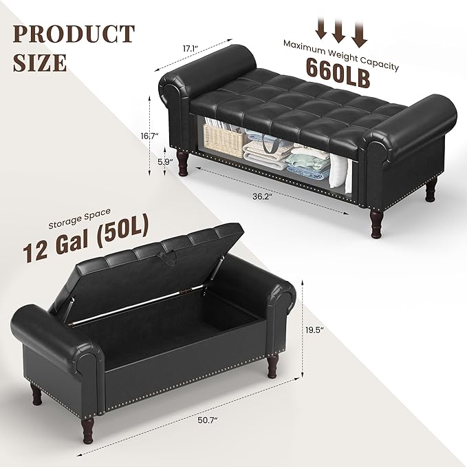 Storage Ottoman Bench for Bedroom, 51" Upholstered Bedroom Bench with Rolled Arms and Vintage Rivets, Large Storage Chest for Living Room, Bedroom, Entryway, Black