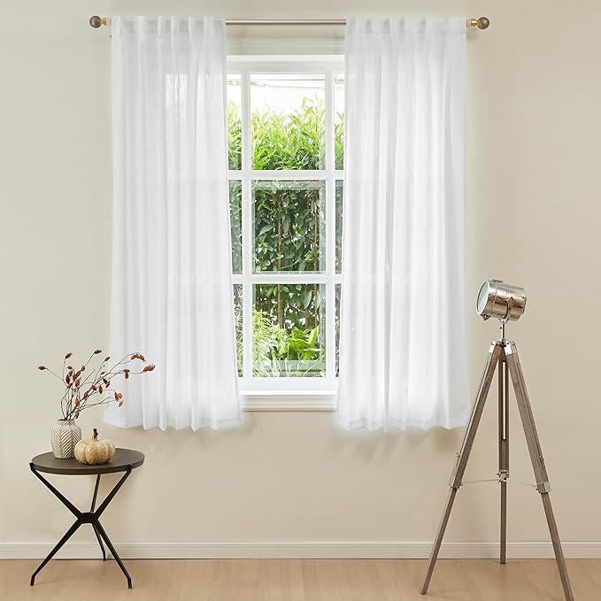 MYSKY HOME White Sheer Curtains 63 inch length Light Filtering Semi Sheer Curtains for Bedroom Short Window Treatment Privacy Protect Drapes Set, Back Tab Boho Farmhouse Linen Soft, 50" Wide, 2 Panels
