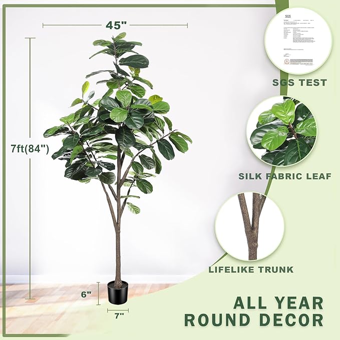 Faux Fiddle Leaf Fig Tree 7ft - Artificial Ficus Lyrata Plant in Pot - Fake Fig Tree for Indoor Modern Home House Office