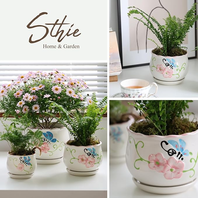 Ceramic Plant Pots with Drainage Holes and Saucers, Round Flower Pots for Indoor Plant, 3.9/5.2/6.7 Inches Flower Large Planters Set of 3