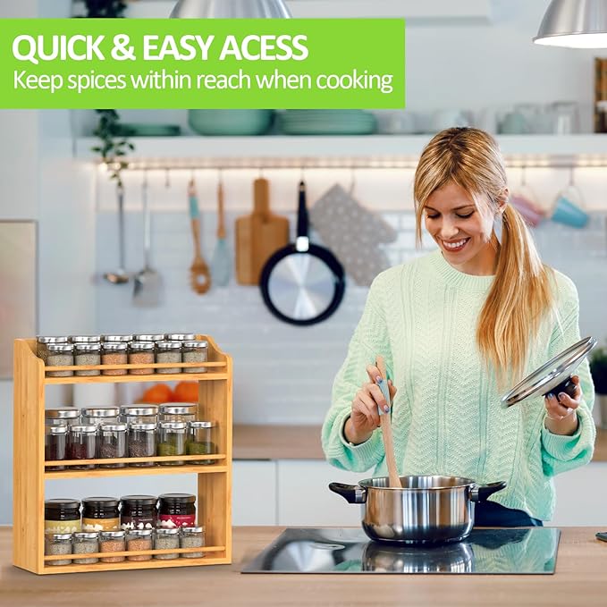 Bamboo Spice Rack Organizer, 3 Tier Spice Jars Shelf for Kitchen Countertop or Wall Mounting