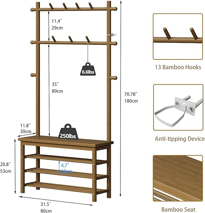 Bamboo Hall Tree with 13 Hook, 6-in-1 Entryway Bench with Coat Rack Freestanding, Coat Rack with Shoe Storage Bench Organizer for Mudroom, Bedroom, All-in-One Shoe Rack,Walnut
