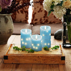 Homemory Flameless Candles with String Lights, 3 Pack Embedded Fairy String Lights LED Candles, Electric Flickering Candles with Remote Control and Timer, Real Wax, Blue
