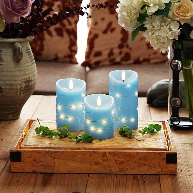 Homemory Flameless Candles with String Lights, 3 Pack Embedded Fairy String Lights LED Candles, Electric Flickering Candles with Remote Control and Timer, Real Wax, Blue