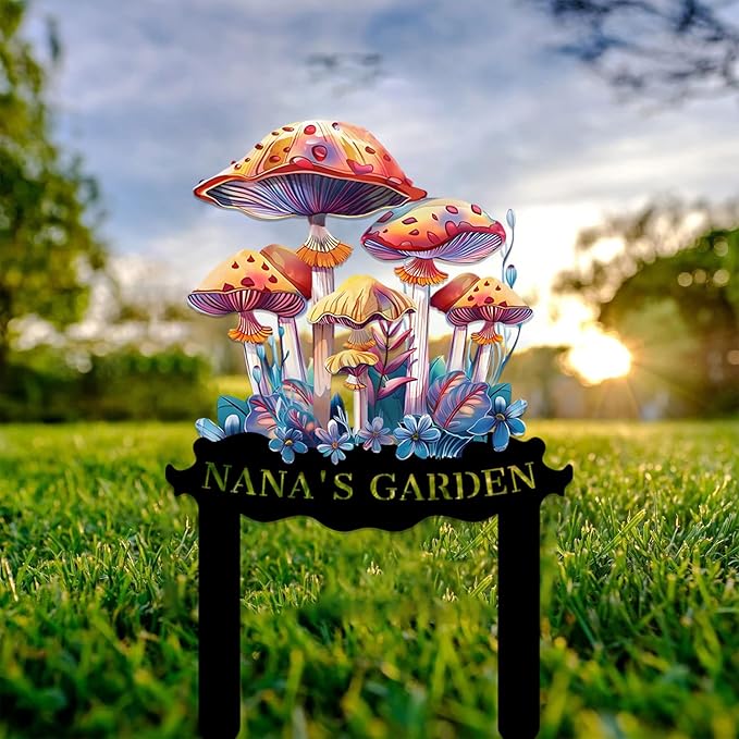 Personalized Mushroom Metal Sign with Stake,Custom Gardener Family Name Signs Outdoor Decor,Customized Flowers Gardening Birthday Gifts,Butterfly Plaque for Patio Lawn Porch Backyard Front Door Garage