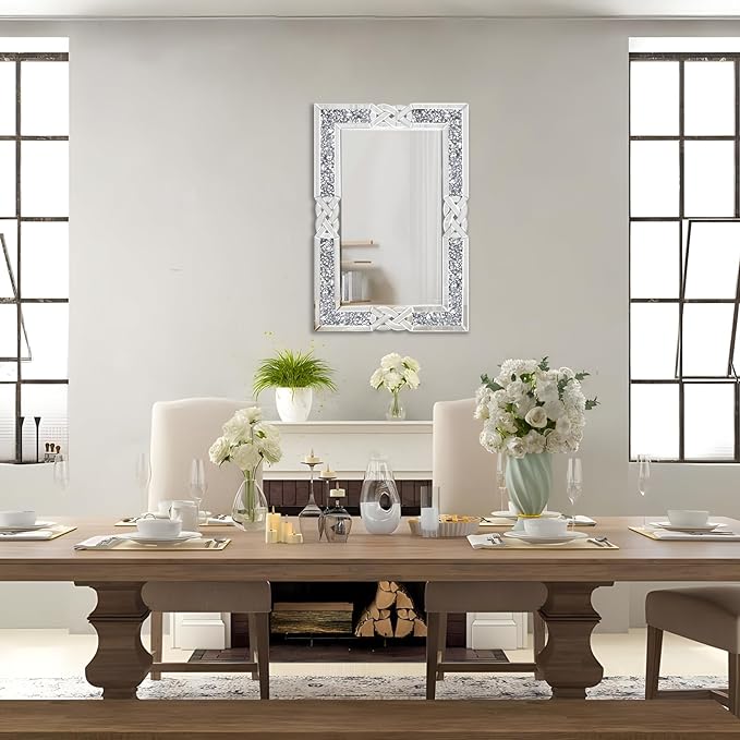 Crushed Diamond Decorative Wall Mirrors, 24x36 Inch Rectangle Living Room Mirrors for Wall Decor, Modern Glam Bathroom Dining Room Entryway Mirror Silver