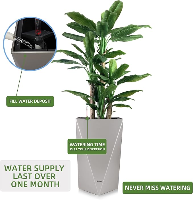 Dexceder 20 Inches Tall Self Watering Planter Diamond Metallic Matte Indoor Outdoor, Thickened Rhombus Large Floor Standing Flower Plant Pot with Water Level Indicator (Gray)
