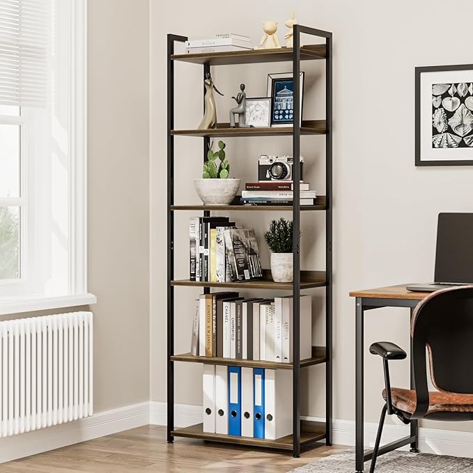 NUMENN Bookshelf, 6 Tier Bookshelves, Home Office Bookcase Shelf Storage Organizer, Free Standing Storage Shelving Unit for Bedroom, Living Room and Home Office, Dark Walnut