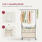 Tajsoon Laundry Hamper with Hanging Rack, 3 Section Laundry Sorter with Heavy Duty Lockable Wheels, Laundry Basket Organizer for Dirty Clothes Storage, 3 Beige