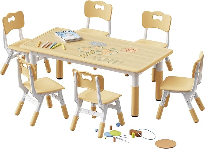 Brelley Kids Table and 6 Chairs Set, Height Adjustable Toddler Desk and Chair Set, Graffiti Desktop, Classroom/Daycare/Home, Children Multi-Activity Table for Ages 2-8